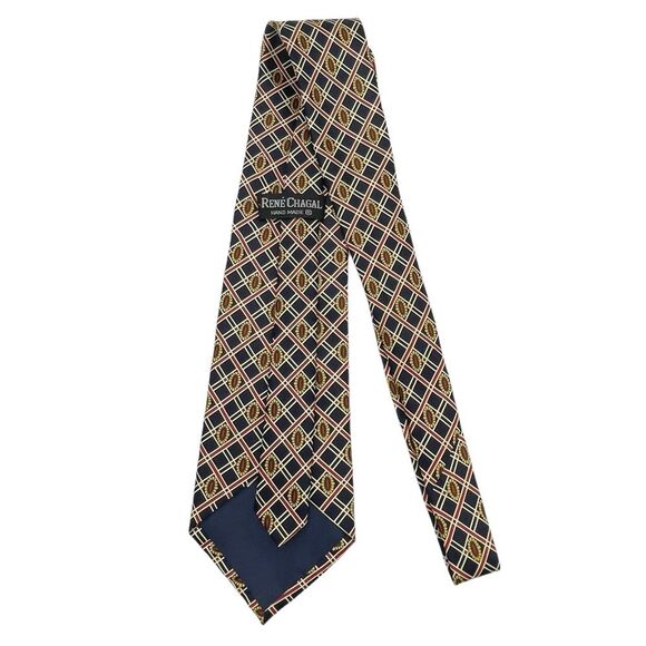 Vintage Rene Chagal 100% Silk Twill Tie Navy Gold Red Preppy Pattern Necktie - Picture 6 of 11